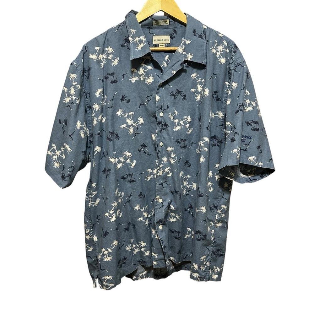 Cutter & Buck Mens Corporate Tech Hawaiian Shirt XL Blue Tropical Palm Tree